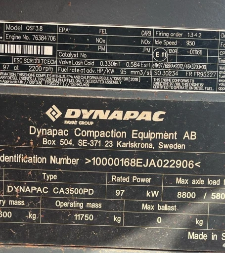 2018 Dynapac CA3500PD single drum vibratory roller